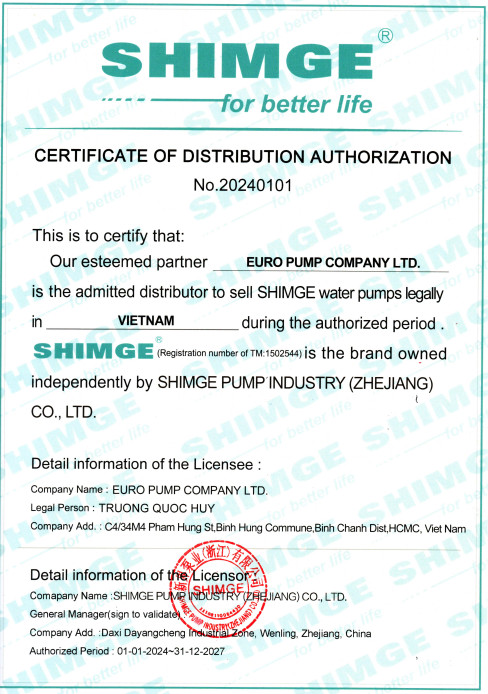 SHIMGE CERTIFYING EXCLUSIVE DISTRIBUTION FOR AGENT IN VIETNAM